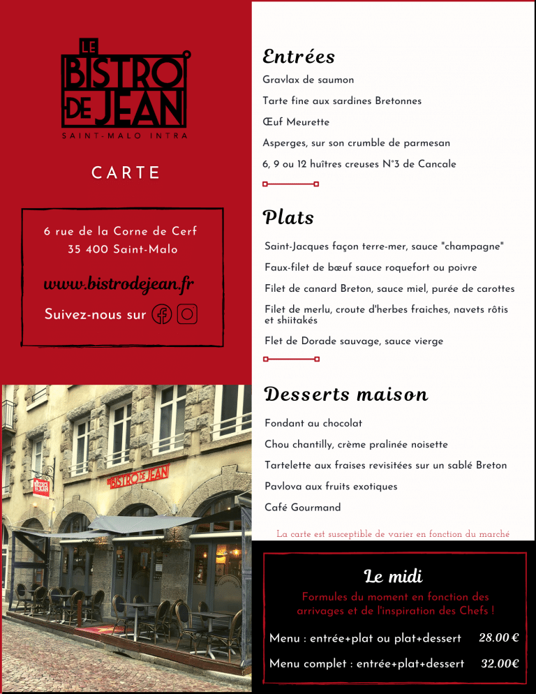 Menu Bistro de Jean - restaurant / brasserie à Saint-Malo